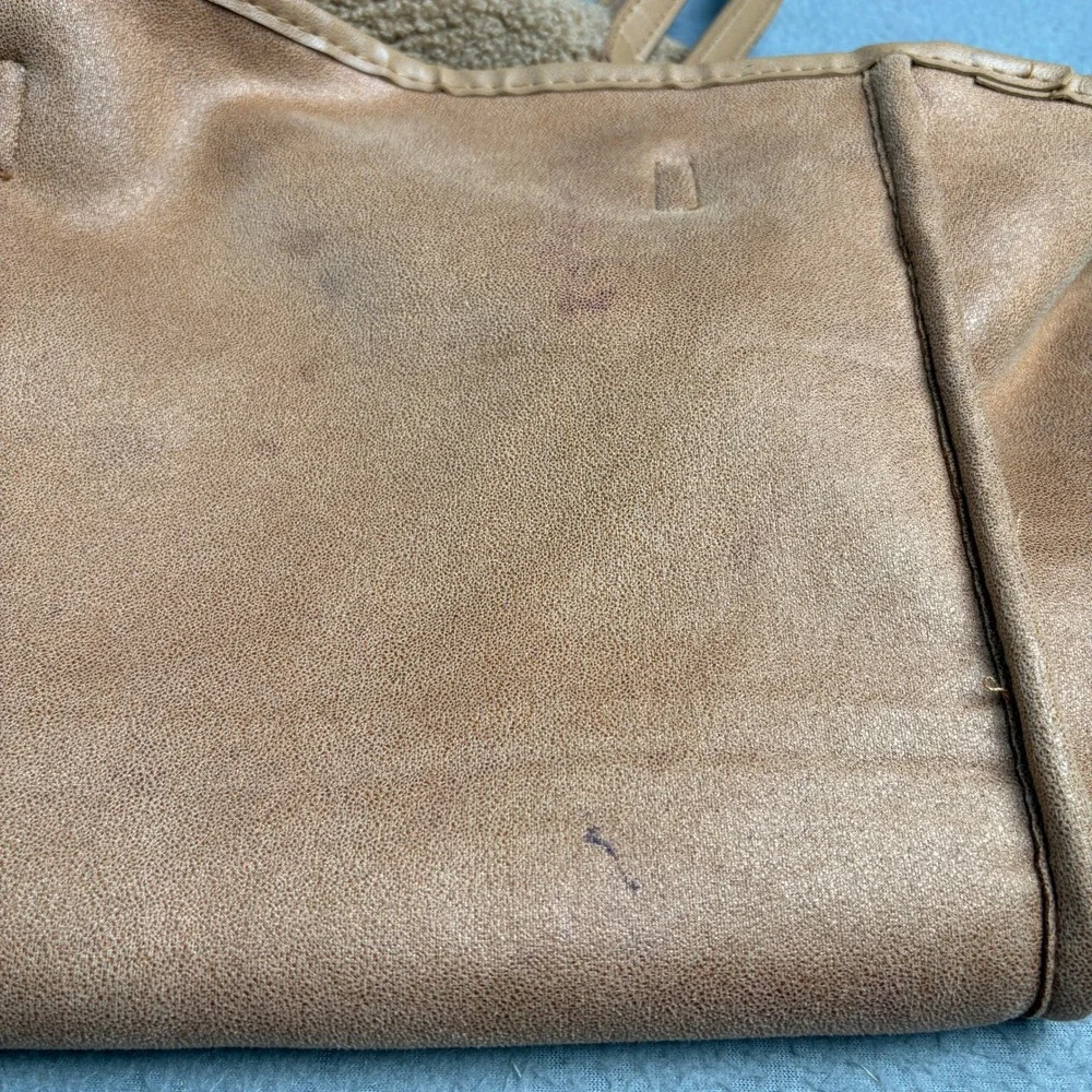 Neiman Marcus Faux Shearling Sherpa Tote Bag Camel Tan Brown Shoulder Bag